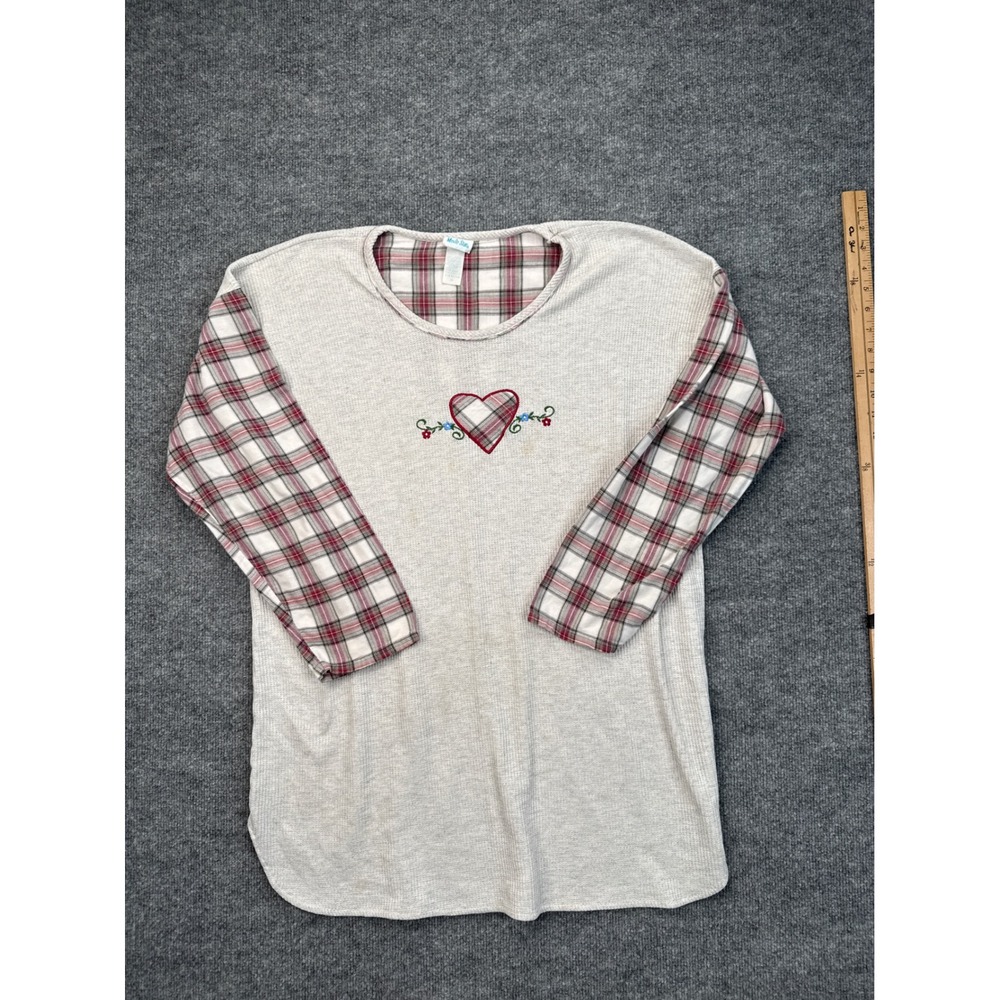 Movie Star Womens 2X Pajama Top Grey Thermal Waffle Knit Plaid Heart Sleep Shirt
